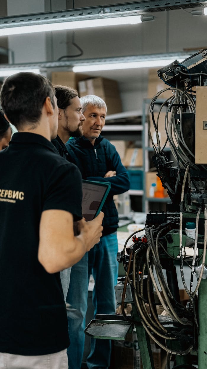 Three adults engaged in a discussion around complex machinery in a factory environment.
